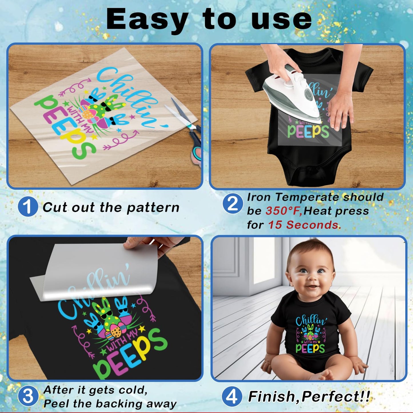 20 Sheets Baby First Easter Iron on Transfers - Cute DTF Transfer Ready to Press Onesie Decorating Kit Making Heat Patches Stickers for Bibs DIY Crafts T-Shirt Clothing