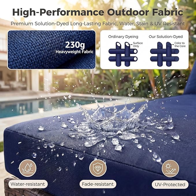 NICESOUL 7 Piece Large Size Patio Sectional Furniture Set with Firepit Propane/Natural Gas, 29.3'' High Back Outdoor Sofa Conversation Couch, Tall Wide Deep Sitting, Brown Rattan and Navy Cushion