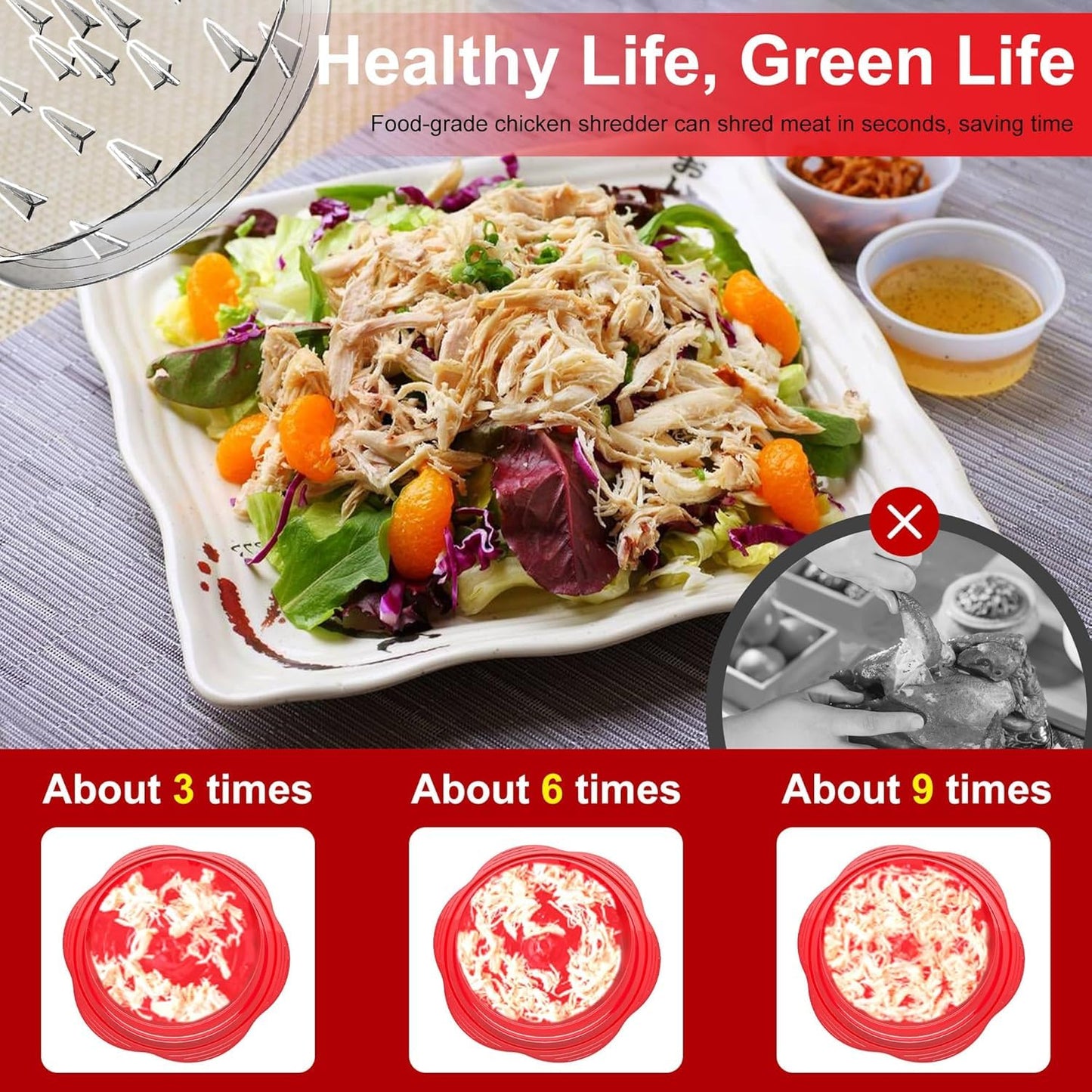 Chicken Shredder Tool Twist | Anti Slip BPA Free Meat Shredder Kitchen Accessories | Ergonomic Handle Meat Grinder | Dishwasher Safe Transparent Lid, Suitable for Tocas Pork Beef Chicken (Red)