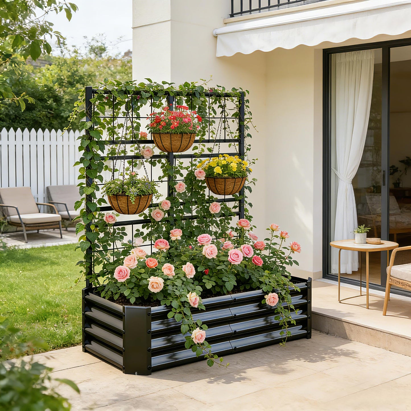 Galvanized Raised Garden Bed with Trellis for Climbing Plants Outdoor,Metal Vertical Garden Planter Box for Patio,Heavy Duty Elevated Garden Bed for Vegetables Tomatoes Cucumbers Flowers Herbs,Black