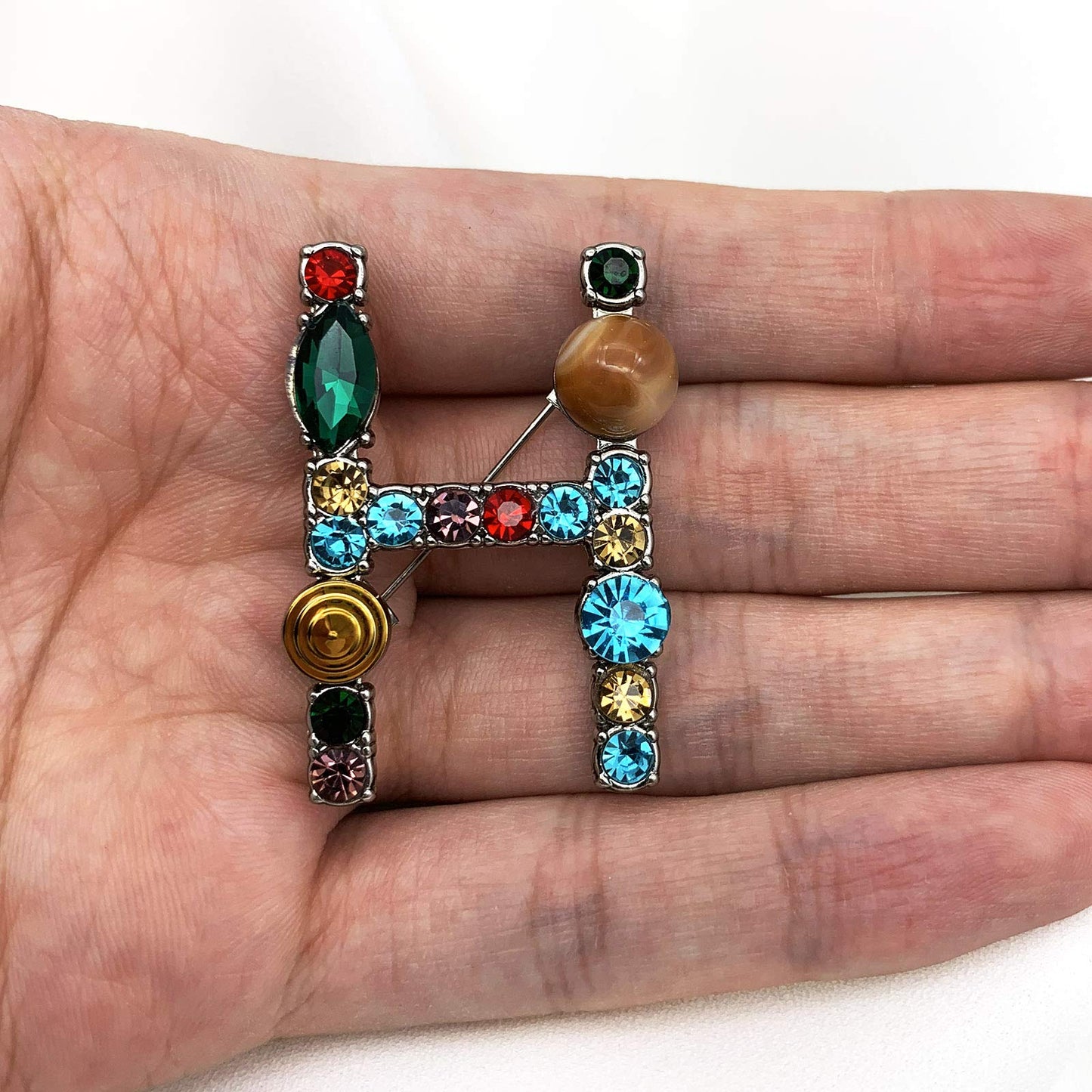 XGALBLA Letters H Plated Metal Stone Clear Colorful Crystal Lapel Pin Brooches Collar(Silver Tone)