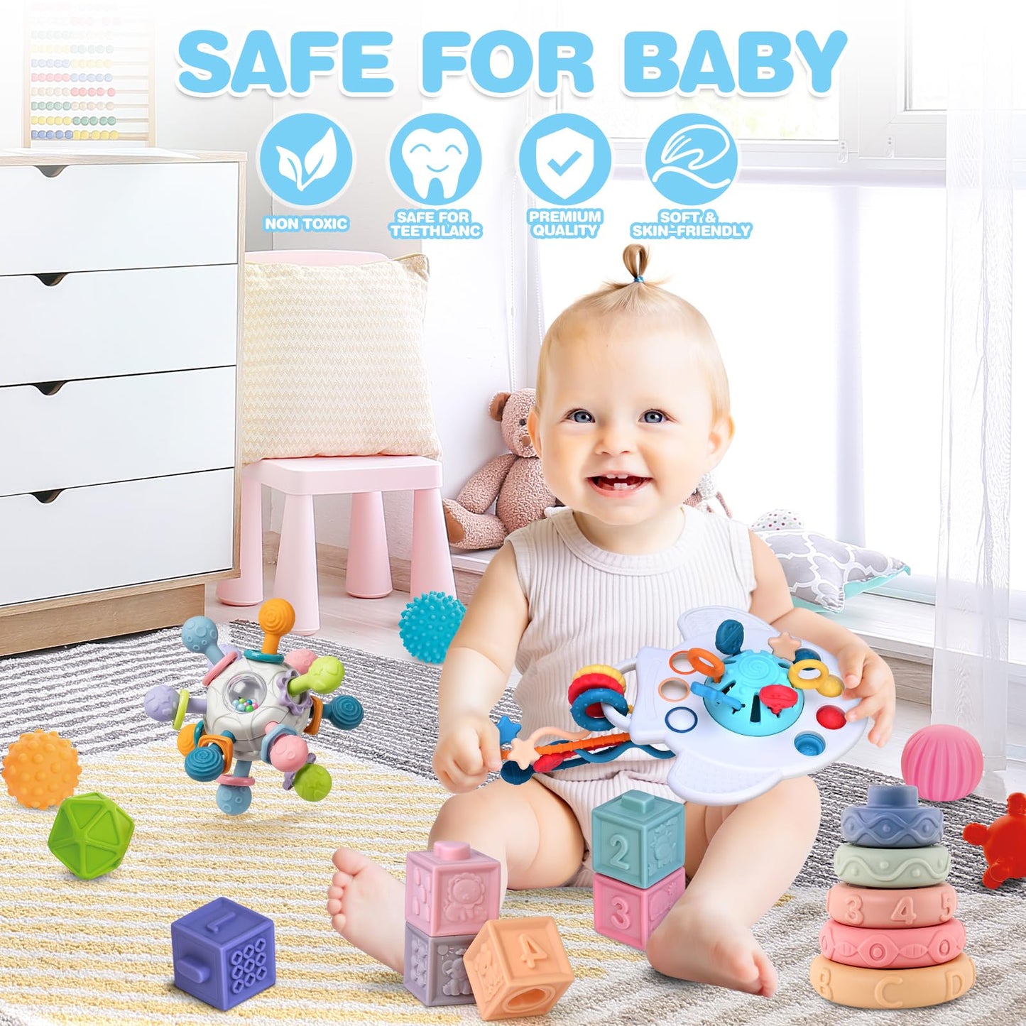 SpringFlower 0-3-6-12 Months Baby Toys, 5 in 1 Montessori Toys for Babies, Teething Toy & Stacking Building Block & Ring & Silicone Pull String, Sensory Development Baby Infant Toy, Gift for Babies