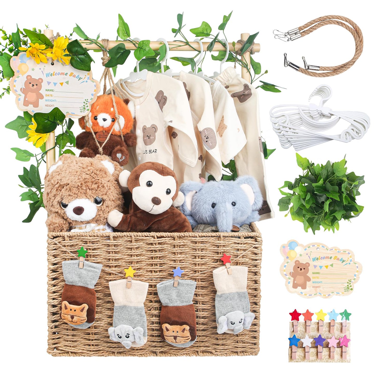 Wisreach Wooden Woven Baby Shower Crate – Foldable Storage Basket with Handles, Handwoven Gift Box for Baby Shower & Newborn Essentials, Welcome Gift for Baby Shower, Newborn Boys Girls