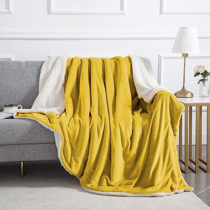 IR Imperial Rooms Ochre Sherpa Fleece Throw Blanket Twin Size for Bed - Wholesale Bulk Pack of 12 Sherpa Blankets - Soft Fluffy Throw Blankets for Hotels, Guest Bedroom (Yellow, 60x80 Inches)