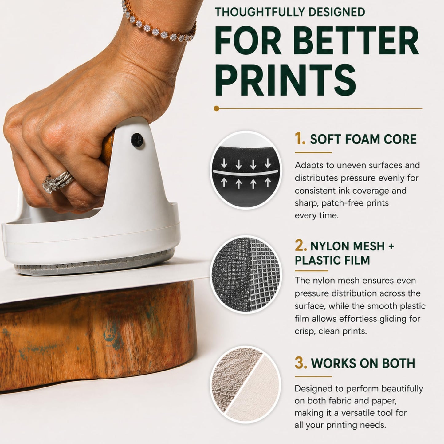 Leoball® Block/Gel Printing Baren– with 3 Layer Tech: Soft Foam Layer Covered in Smooth Nitex Nylon Along with Smooth-Glide Plastic Film. Features Comfortable Wooden Handle. Pro Baren - 4 inches