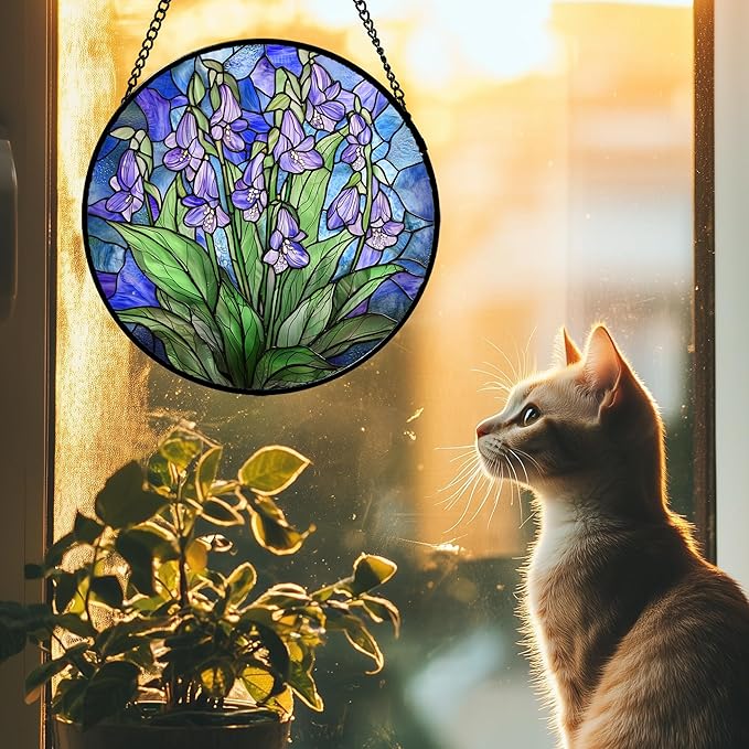 Stained Glass Suncatcher, Blue Purple Flowers Green Leaves Sun Catcher Plants Stain Glass Window Hanging Decoration Mother's Day Birthday Gifts for Women Men Mom and Nana 9.8 in