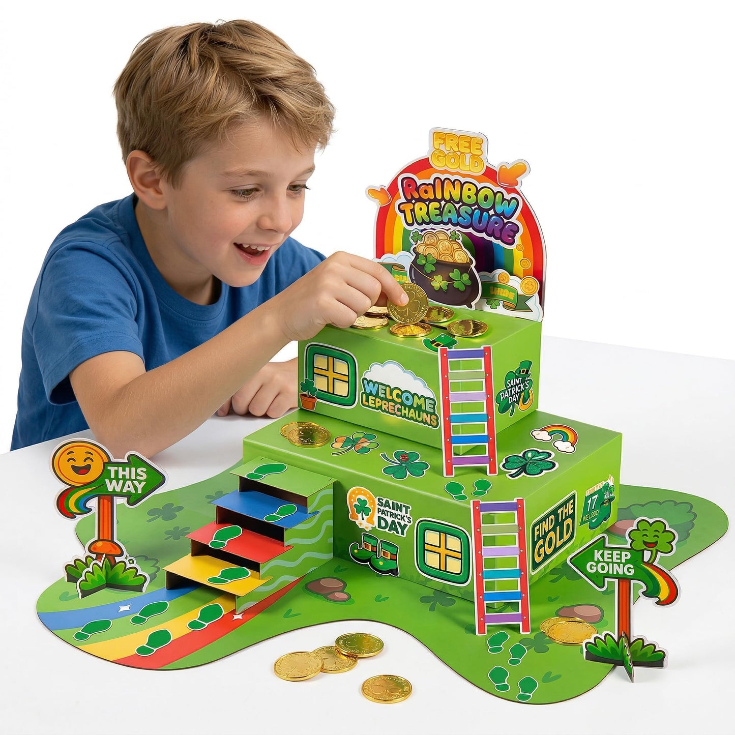 LEKSON St. Patrick’s Day Leprechaun Trap Craft Kit for Kids, Rainbow Treasure DIY Decoration Scene with Path, Signs & Accessories, Classroom & Holiday Activity Set