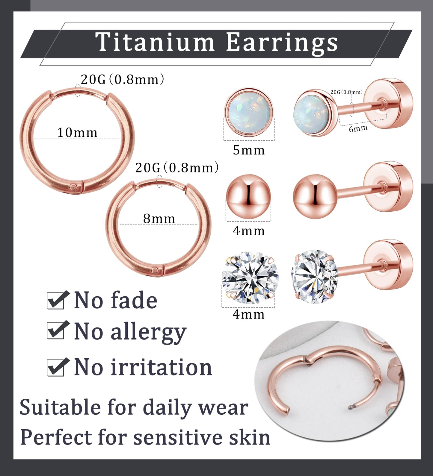 MJust Titanium Earrings for Sensitive Ears 20G Hypoallergenic Stud Hoop Earrings for Women Men Opal Ball CZ Heart Pearl Flat Back Earrings Cartilage Earrings Set