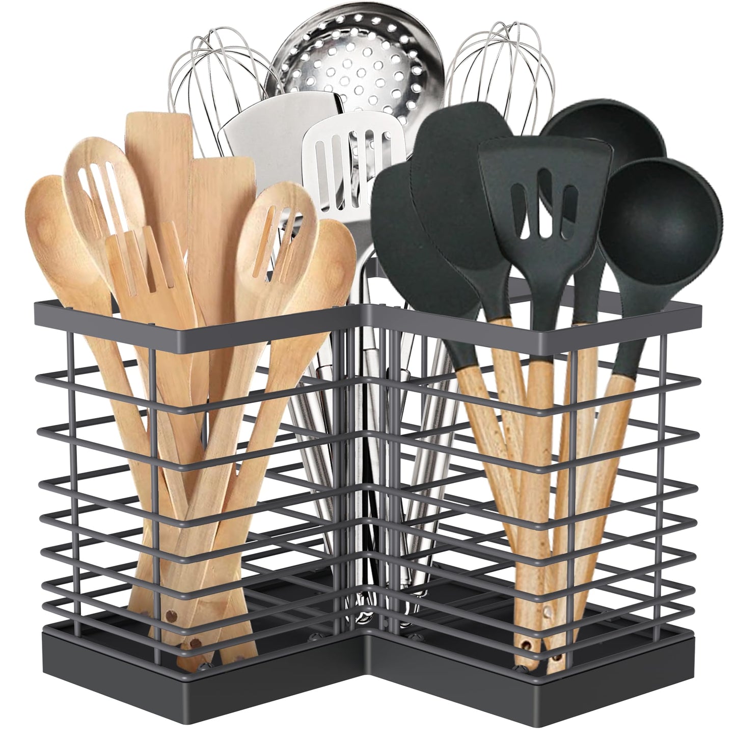 Suli Kitchen Utensil Holder with 3 Compartments，Grey Metal Corner Kitchen Caddy for Countertop，Farmhouse Rustic Cooking Storage-Grey