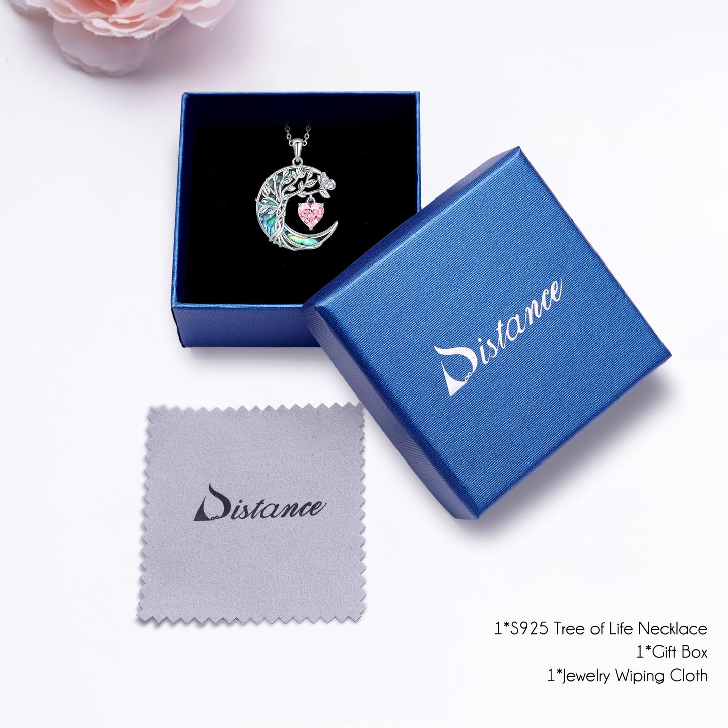 Distance Women's Tree of Life Abalone Shell Moon Heart Birthstone Necklace, S925 Sterling Silver, Pink October Birthstone, 45cm Chain