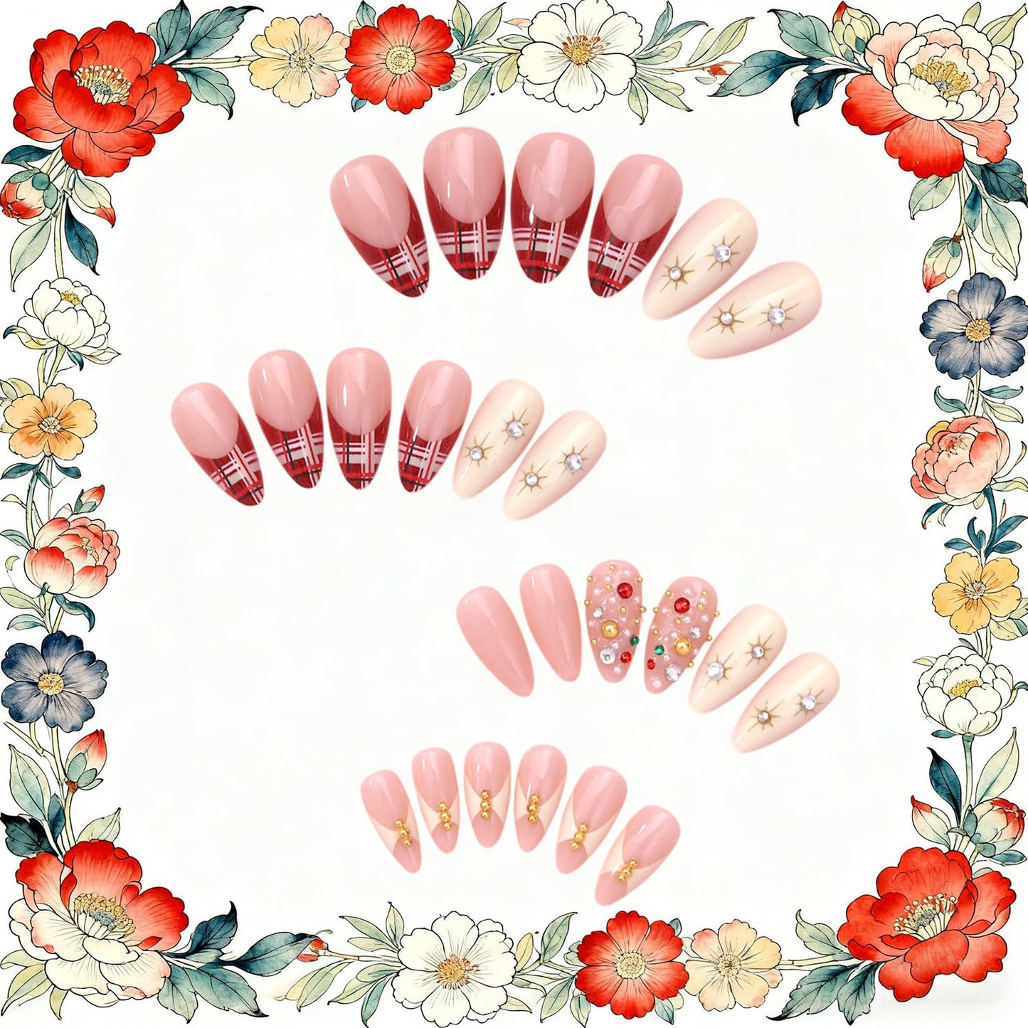 CJDLTS French Plaid Stripes Press on Nails Almond Artificial Medium Acrylic False Nails 3D Rhinestones Stick on Nail Gold Beads Artificial Fingernails Glossy Reusable Coffin for Women Manicure 24Pcs