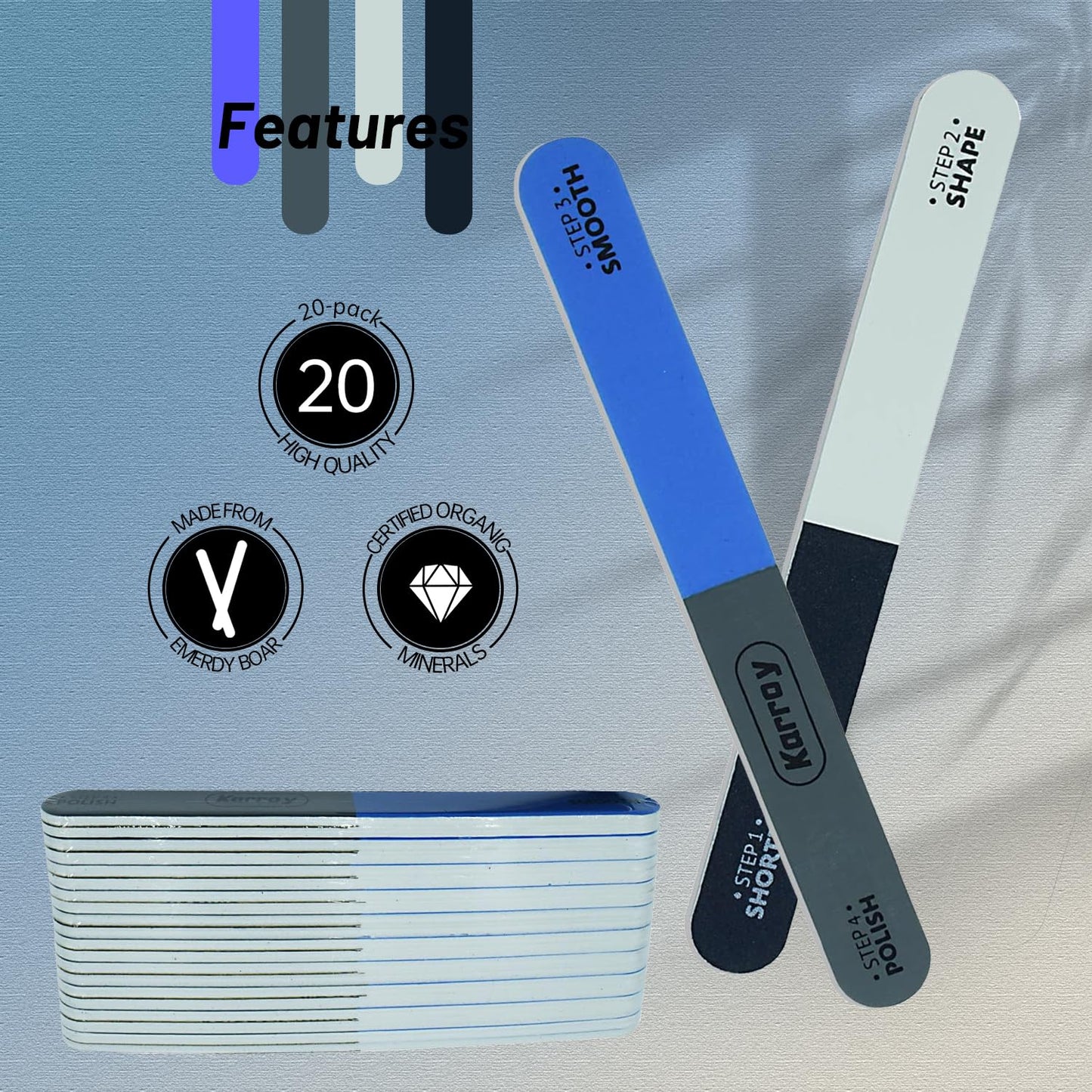 Karroy Nail File and Buffer for Natural Nails Dual Sided 4 Steps Shorten-Shape-Smooth-Polishing Nail Tools 20pcs
