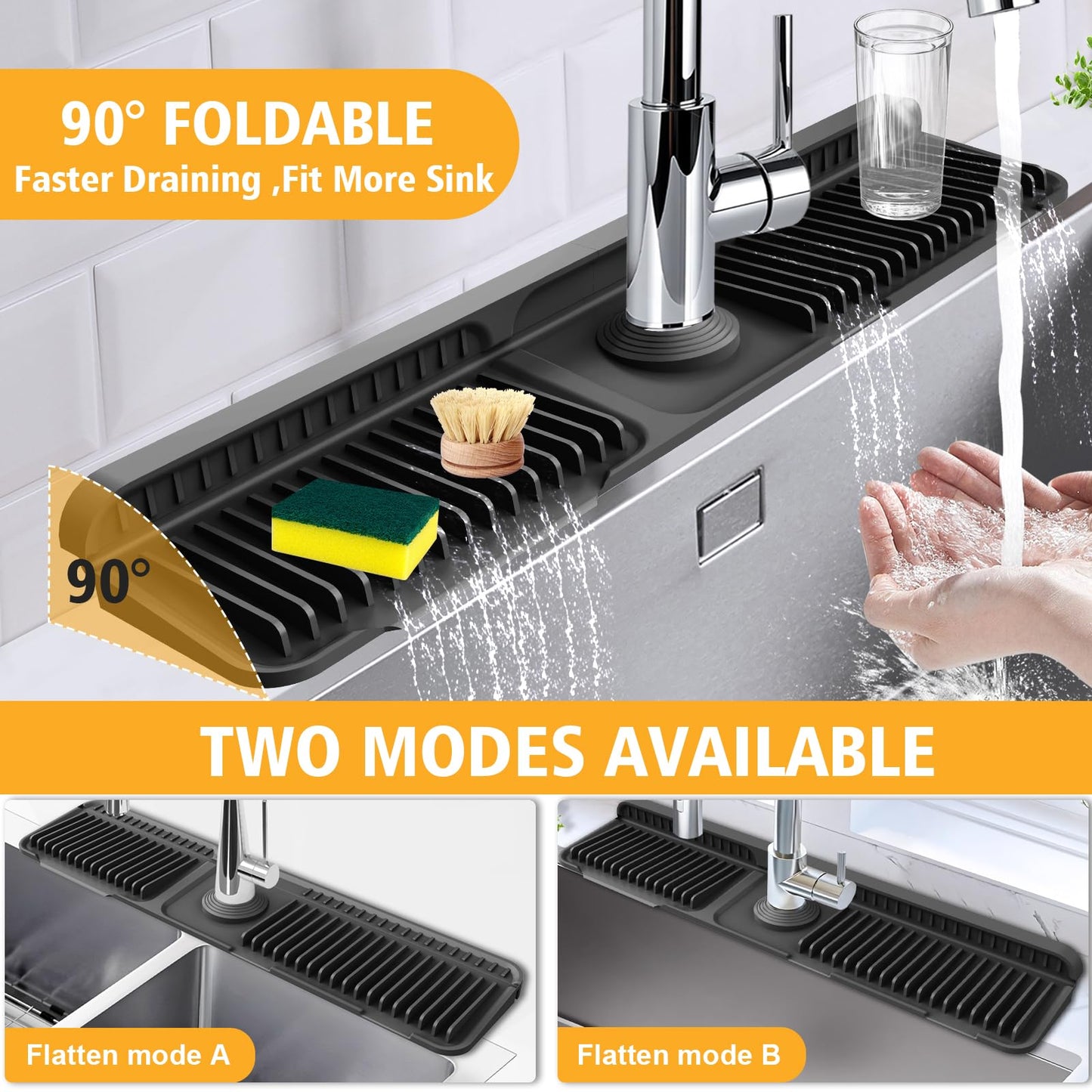 24-Inch Kitchen Sink Splash Guard Mat | 7° Slope for Fast Self-Draining | Snap-Lock Design | Universal & Cuttable Silicone Faucet Mat (Black)