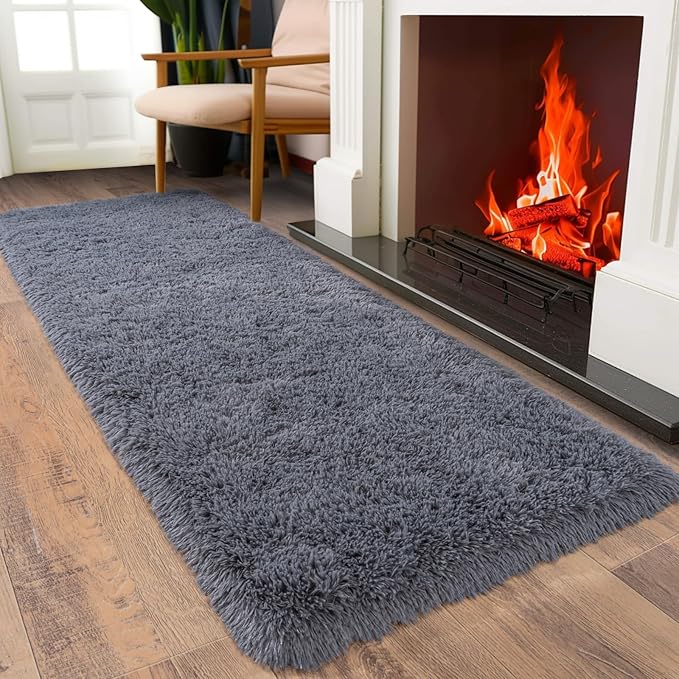 Ultra Soft Runner Rugs for Bedroom Hallways with Upgraded Non-Slip Rubber Backing & Thick Memory Sponge, 2x5 Feet Fluffy Shag Throw Area Rug for Bedside Dorm Dark Grey