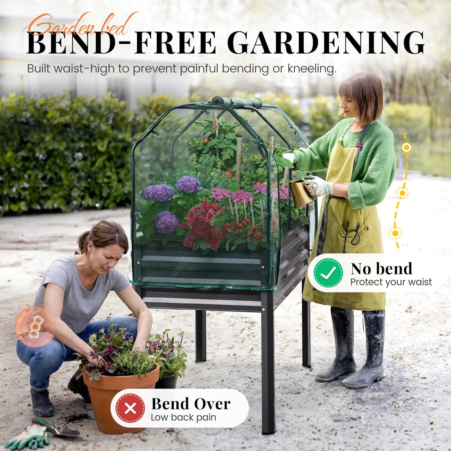 KING BIRD Large Raised Garden Bed with Netting Galvanized Elevated Planter Box with Legs 48×24×56 in for Backyard, Patio, Balcony, 400lb Capacity, Dark Grey