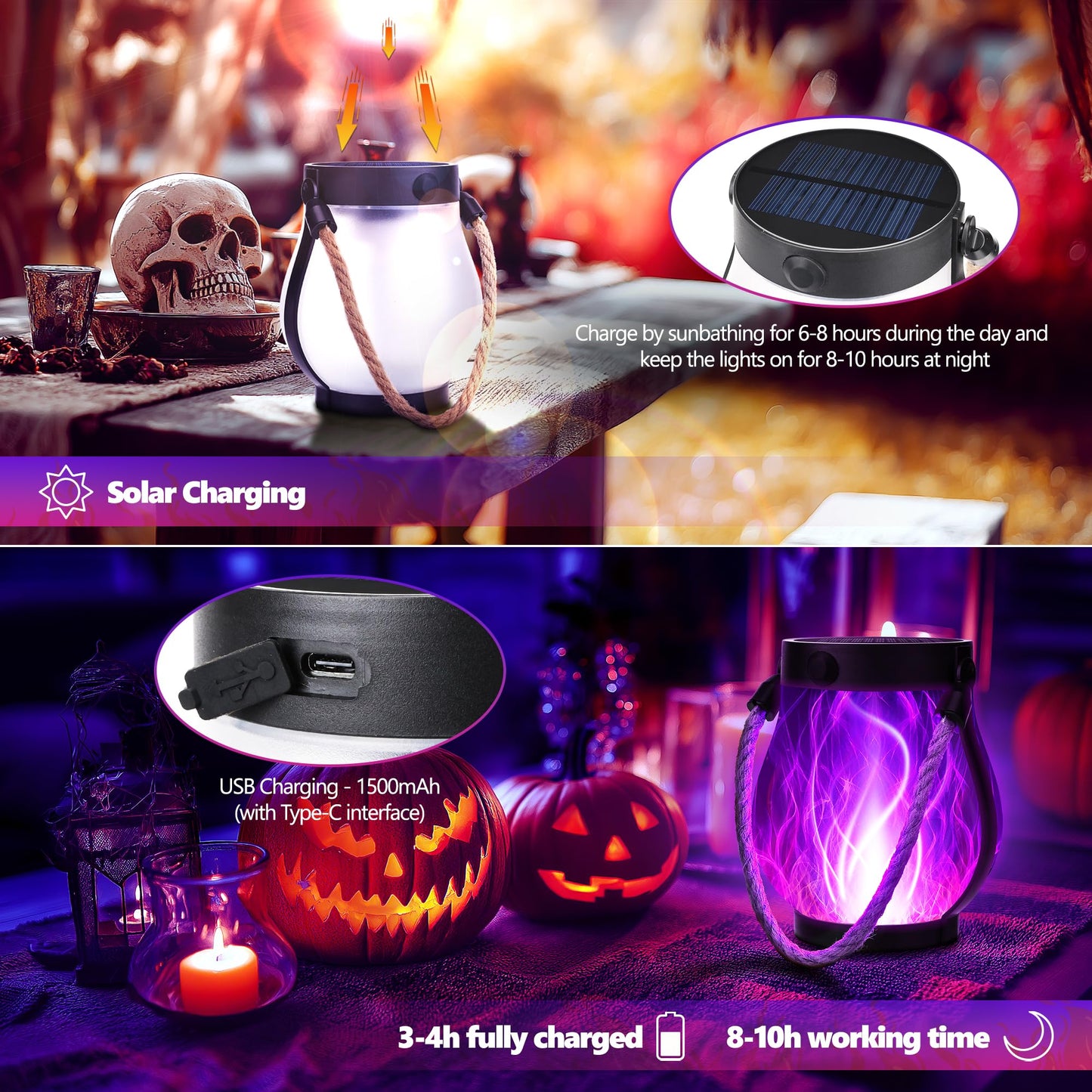 iBaycon 2 Pack Solar Lanterns Lights, Halloween Flickering Flame Garden Lights with 2 Modes Dual Charging USB & Solar, Outdoor Waterproof Hanging Lantern for Party Holiday Halloween Decor (Purple)