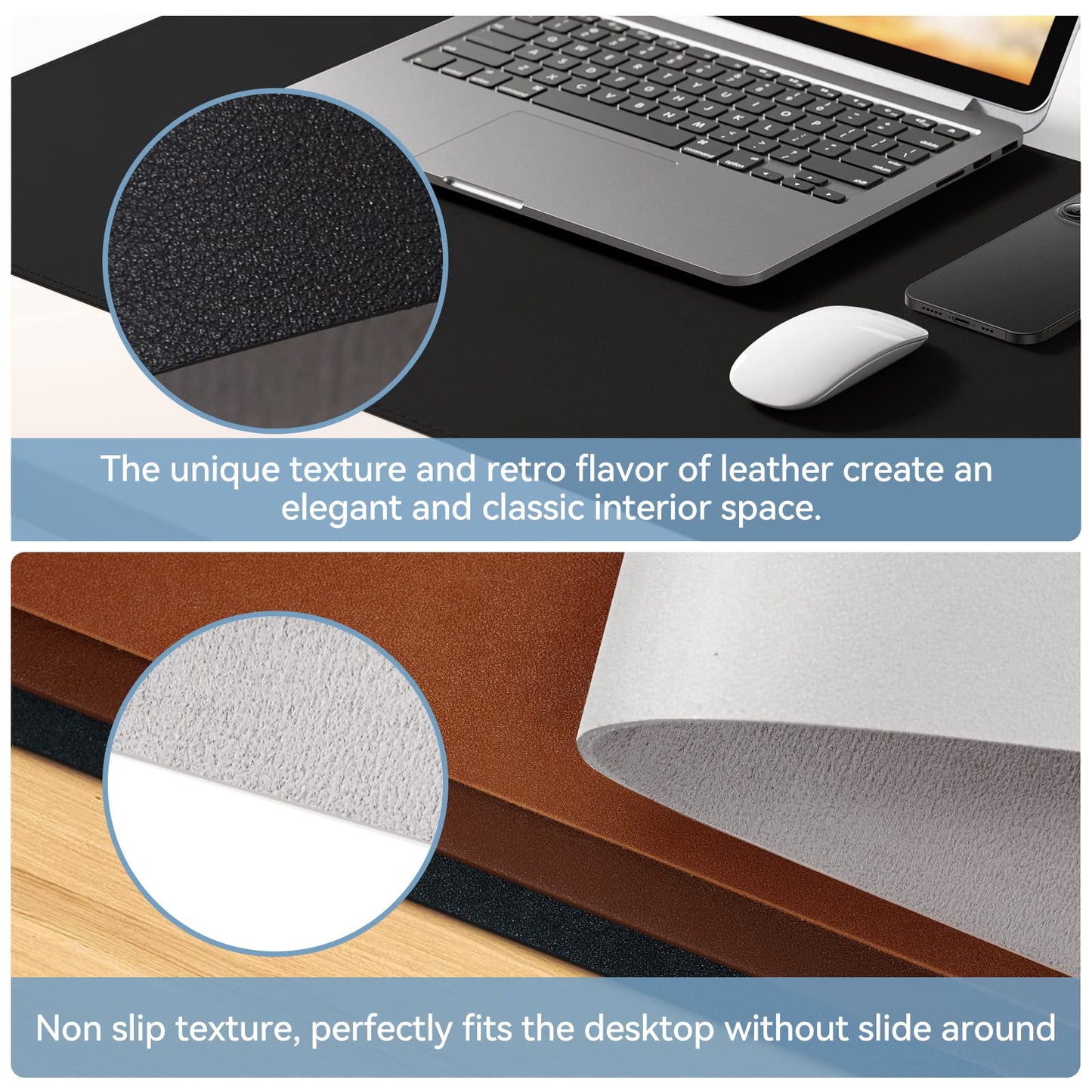 Desk Mat Wireless Charging Mouse Pad Large 32x16 Journey Desk Pad Mat with Wireless Charger Waterproof Black Leather Computer Mat with Phone Charger Mousepad Non-Slip for Keyboard and Mouse