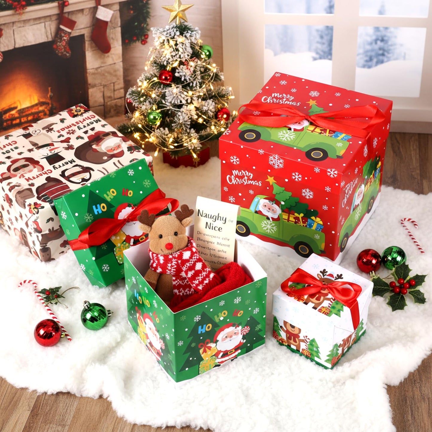 TecUnite 3 Pcs Christmas Stackable Nesting Gift Boxes Decorative Boxes with Lids for Present Wrapping Xmas New Year Holiday Party Xmas Tree Decor (Lively,Red, Green, White)