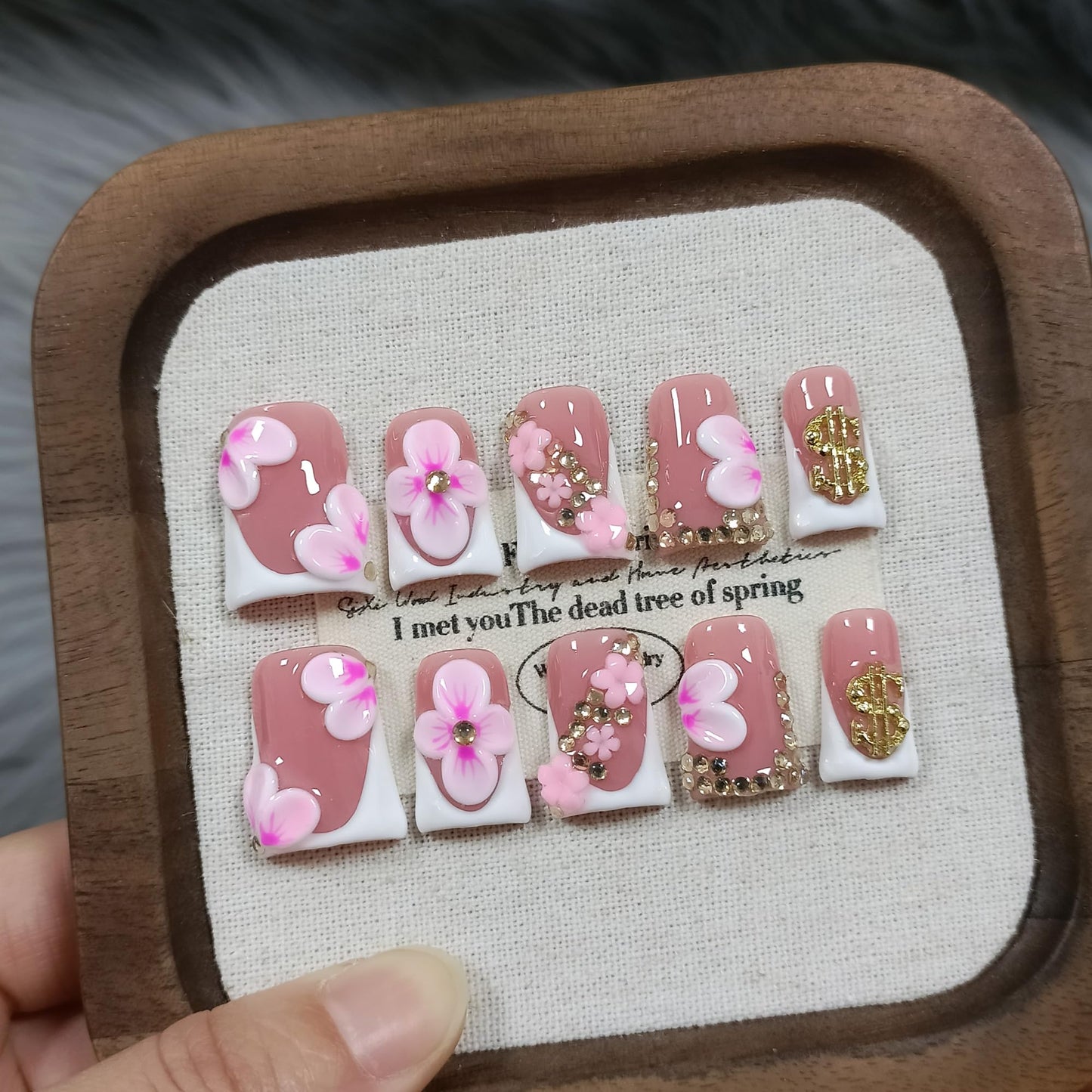 TENPAL Duckbill Press on Nails - White Pink 3D Floral French Tip Fake Nails with Rhinestones | Icy Glossy False Nails with Tools| Handmade Soft Gel Y2K Duck Nails(S)