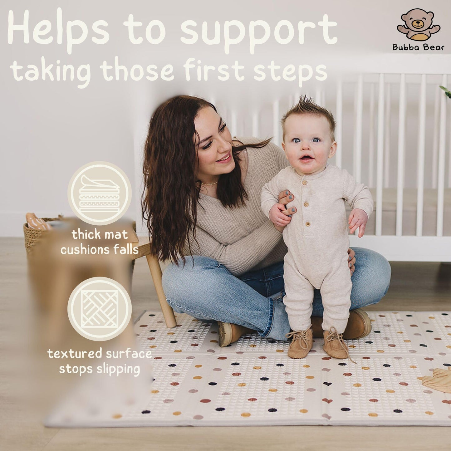 Bubba Bear Baby Play Mat, Thick Foam with Pattern Design, Foldable Waterproof Padded Crawling Mat for Babies (Beige Stars, 79 x 59 Inches)