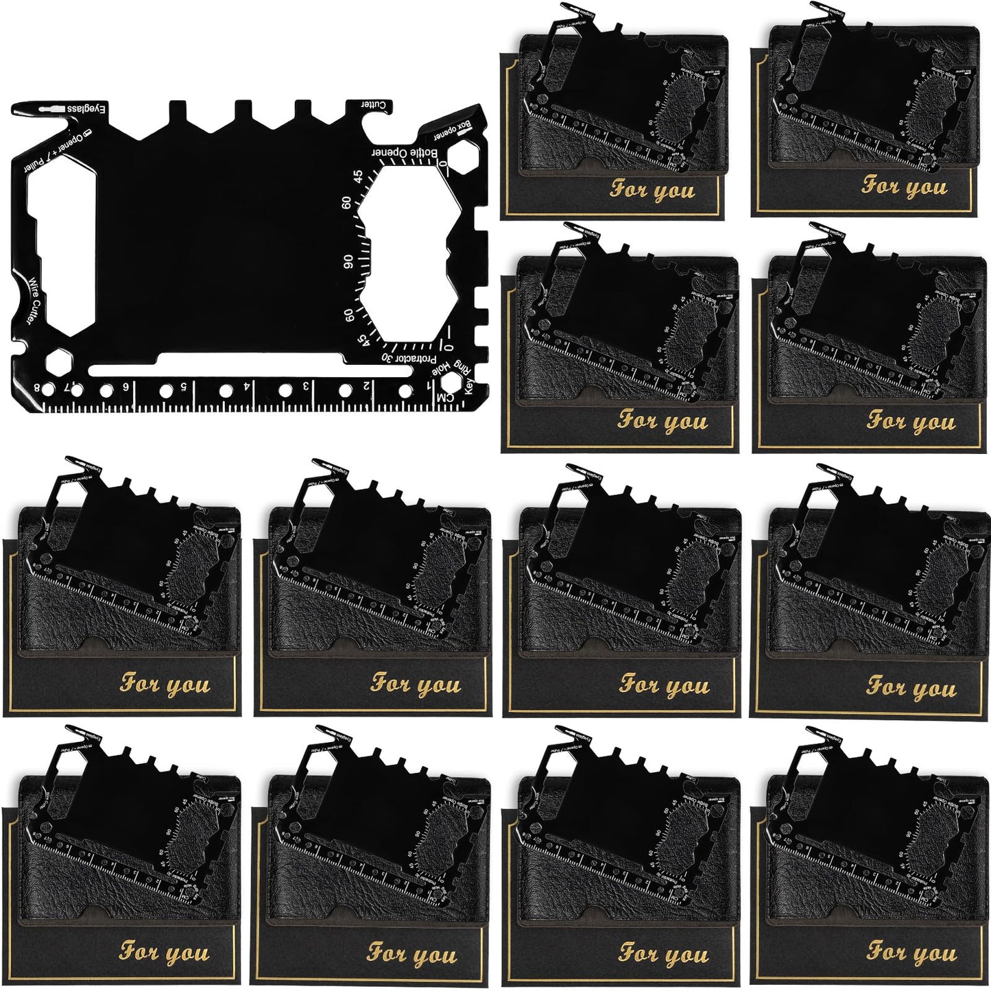 HAYVAN Credit Card Multitool - 12 Set Stainless Steel 46-in-1 Survival Tool Kit, Wallet Multitool Card with Bottle Opener for Camping Outdoor, Bulk Mens Gifts with Gift Envelopes (Black)