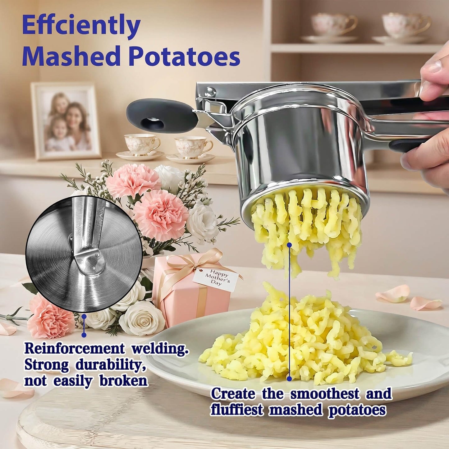 Potato Ricer, Ricer for Mashed Potatoes, 3 Interchangeable Discs Potato Masher Stainless Steel for Fluffy Mashed Potatoes, Heavy Duty Spaetzle Maker with Silicone Handle, for Gnocchi Spaghetti