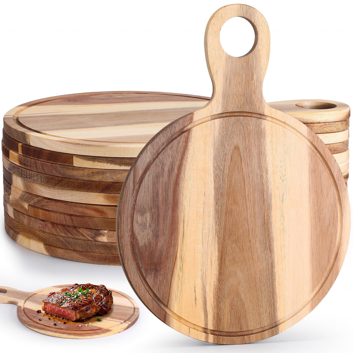 Yiyiring 10 Pcs Acacia Wood Cutting Board with Handle Bulk 15.8 x 11.4'' Round Charcuterie Chopping Board for Pizza Cheese Meat Decorative Natural Wooden Serving Tray for Kitchen and Dining Room