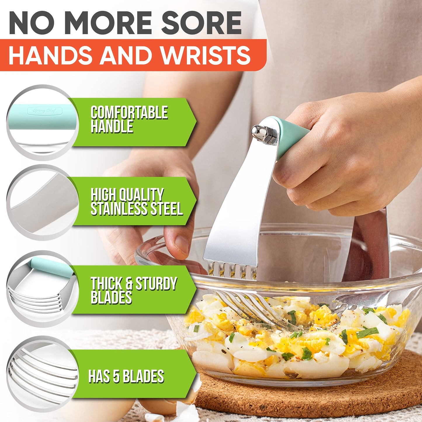 Spring Chef Large Mint Dough Blender - Stainless Steel Pastry Cutter Tool For Baking w/Thick Sharp Blades - Butter & Dough Cutter - Pastry Blender for Easy Mixing - Dishwasher Safe Kitchen Essentials