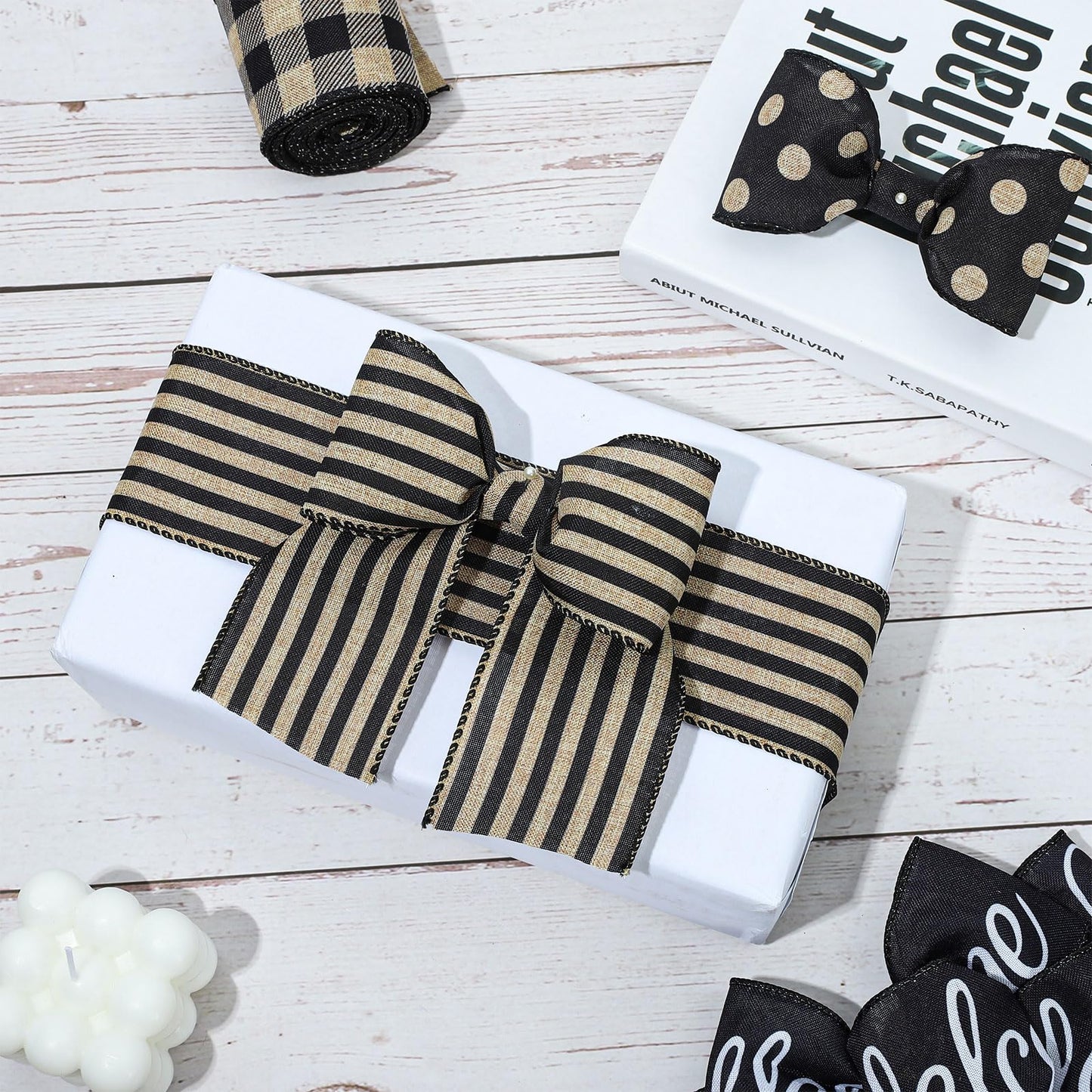 Whaline 30 Yards Halloween Wired Edge Ribbon Welcome Stripe Dot Buffalo Plaids Fabric Ribbon 4 Rolls Rustic Black Wrapping Ribbons for DIY Crafts Wreath Bow Floral Arrangement Decoration