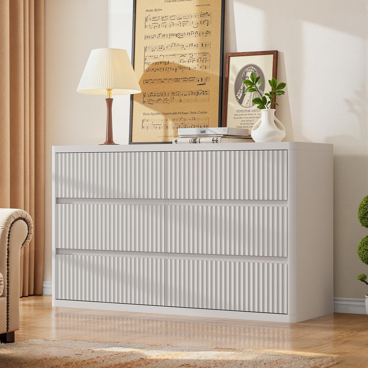 White Fluted Dresser for Bedroom with 6 Drawers