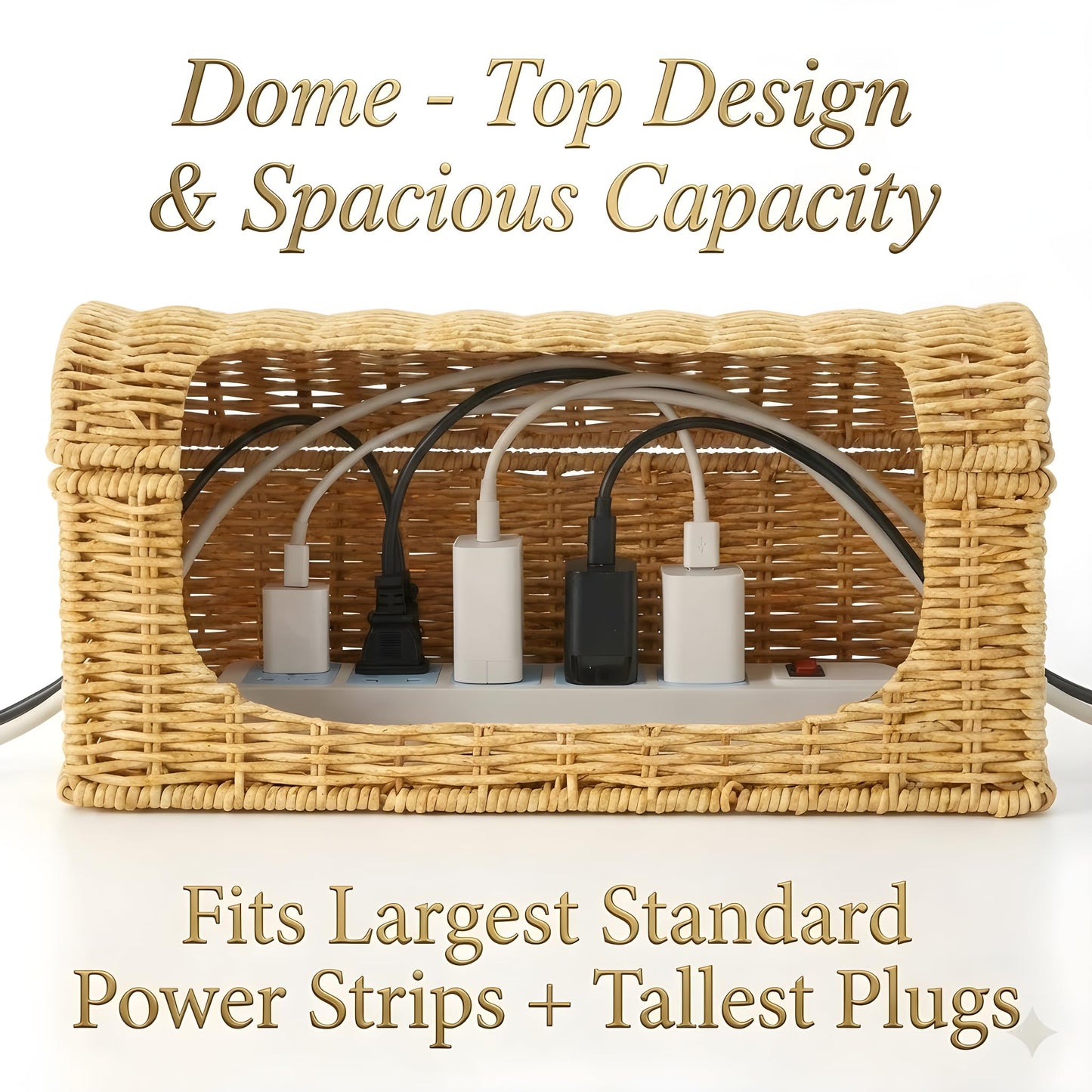 Handwoven Rattan Cable Management Box - Box to Hide Cords and Power Strip, Treasure-Box Dome-Top, Metal Baked Enamel Skeleton, Decorative Home Organizer