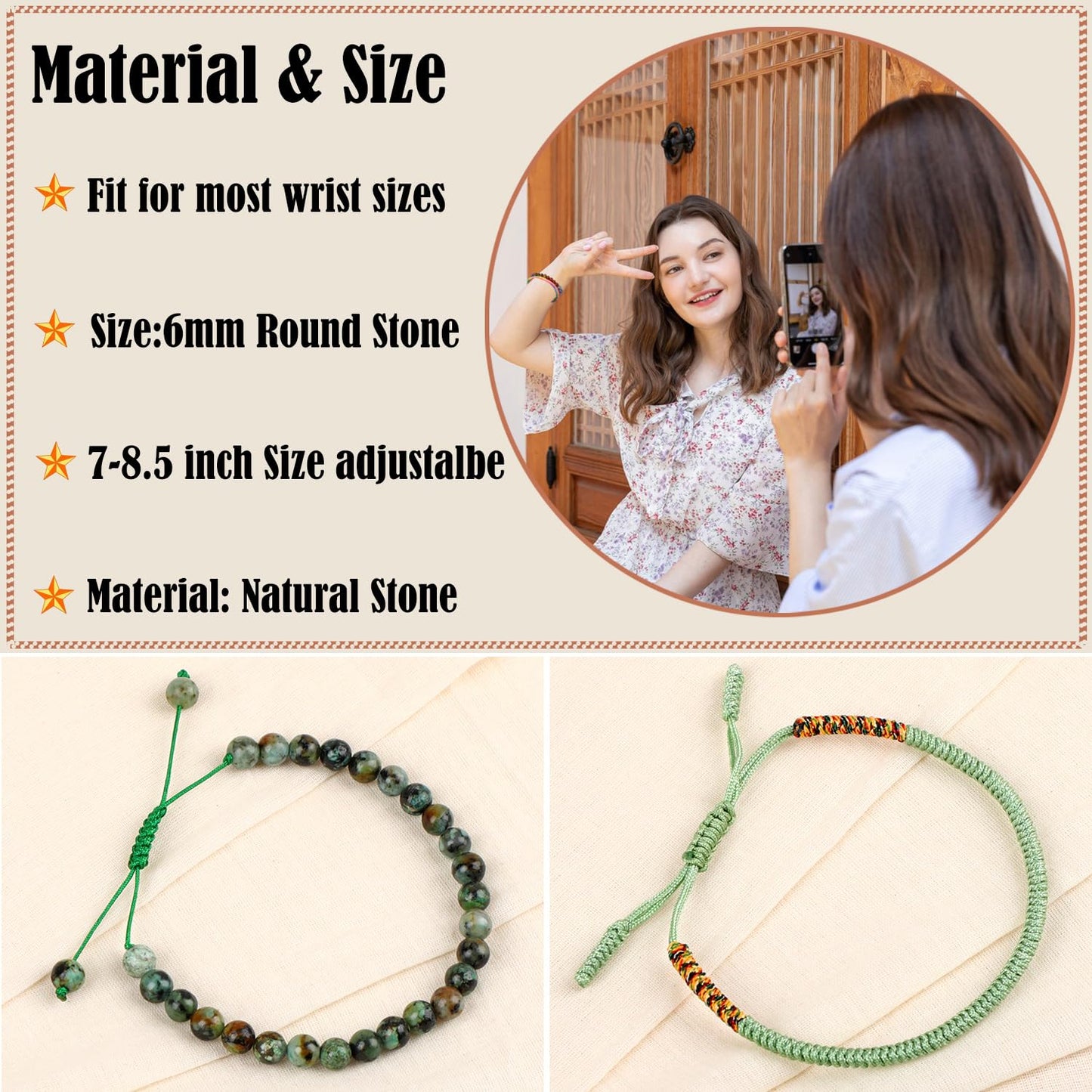 LPBeads 6mm African Turquoise Bracelet with Handmade Rope Bracelet Size Adjustable Natural Stone Crystal Healing Bracelets Gifts for Unisex Adults