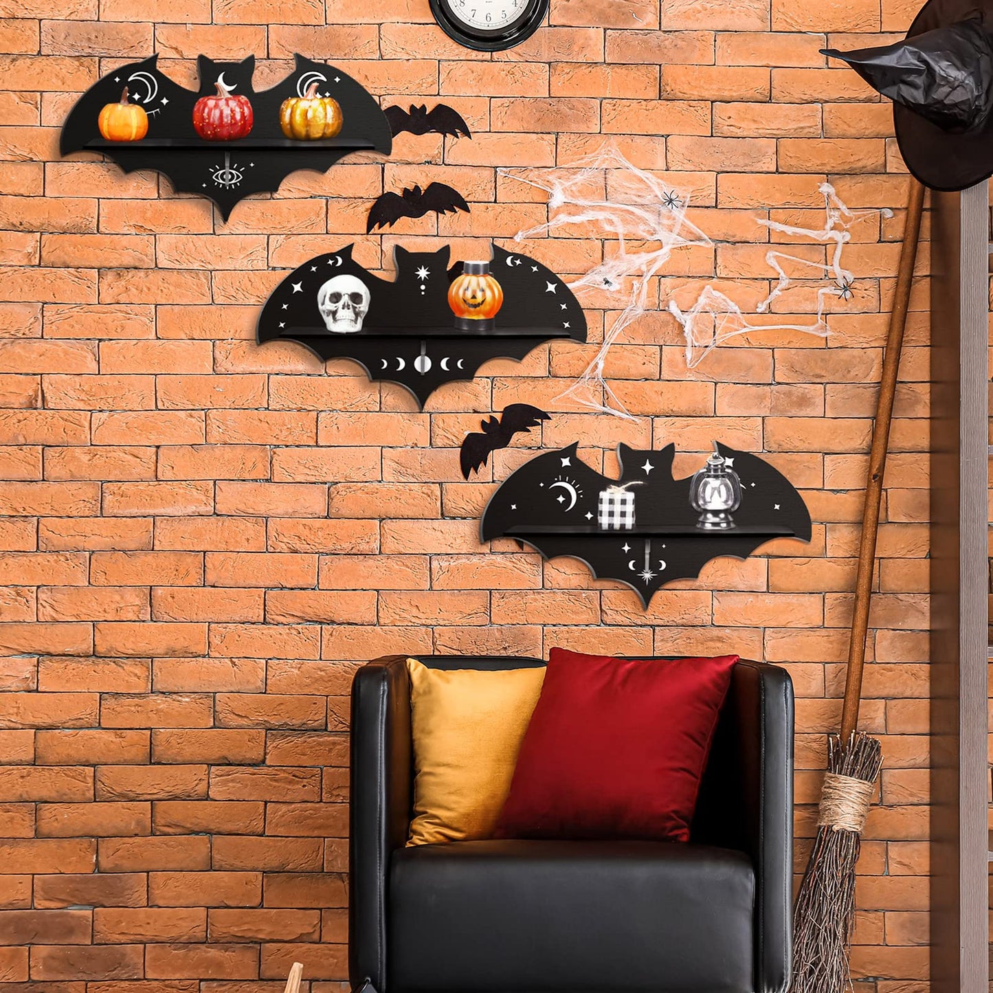 Geetery 3 Pcs Bat Shelf Gothic Decor Witchy Crystal Shelf Spooky Coffin Wall Hanging with Hooks Floating Black Wooden Room Decor for Crystal Keys