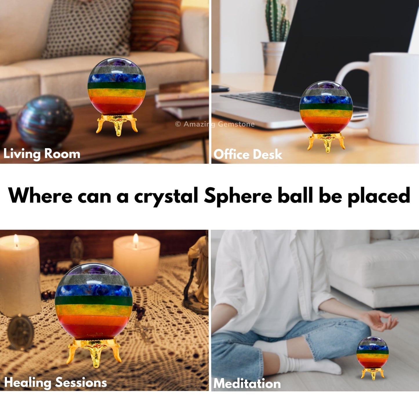 Amazing Gemstone Chakra Crystal Ball with Stand - 2 Inches Crystal Sphere Meditation Balls for Witchcraft and Decorative Balls