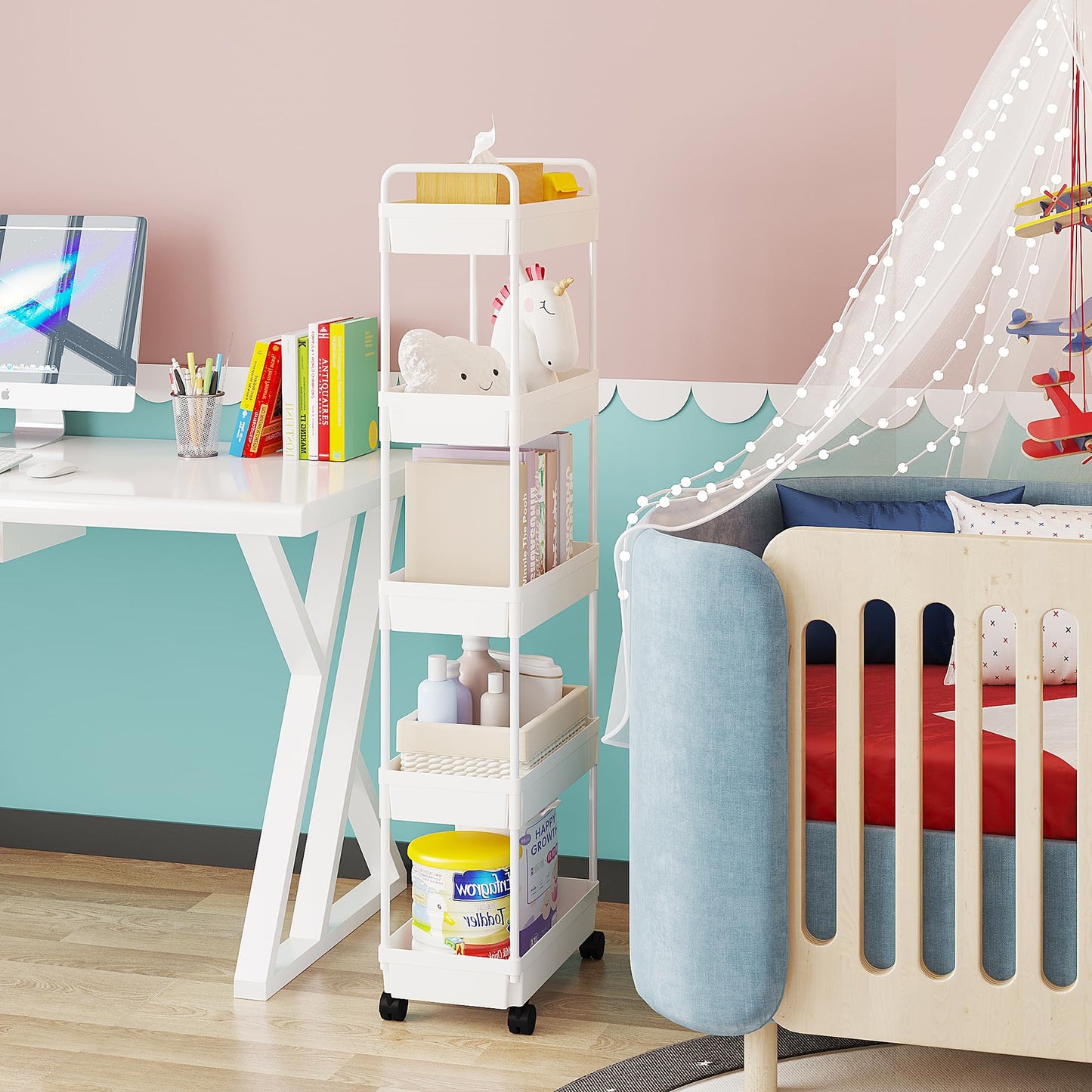 Buzowruil Rolling Storage Cart 5 Tier Organizer Mobile Shelving Unit Storage Rolling Utility Cart with Wheels for Kitchen Bathroom Laundry,White