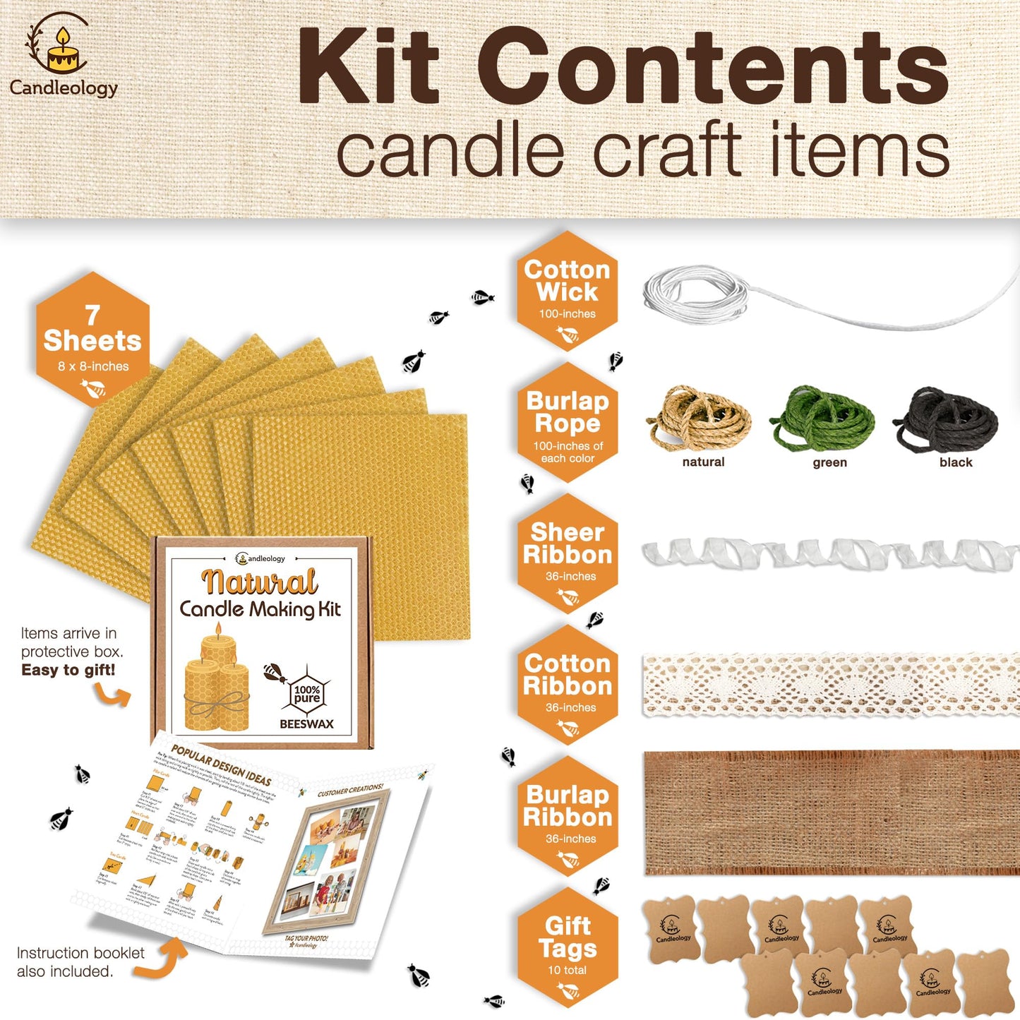 Beeswax DIY Candle Making Kit - Natural Candle Rolling Kit for Beginners with 7 Beeswax Sheets & Multiple Decorations to Make Candles