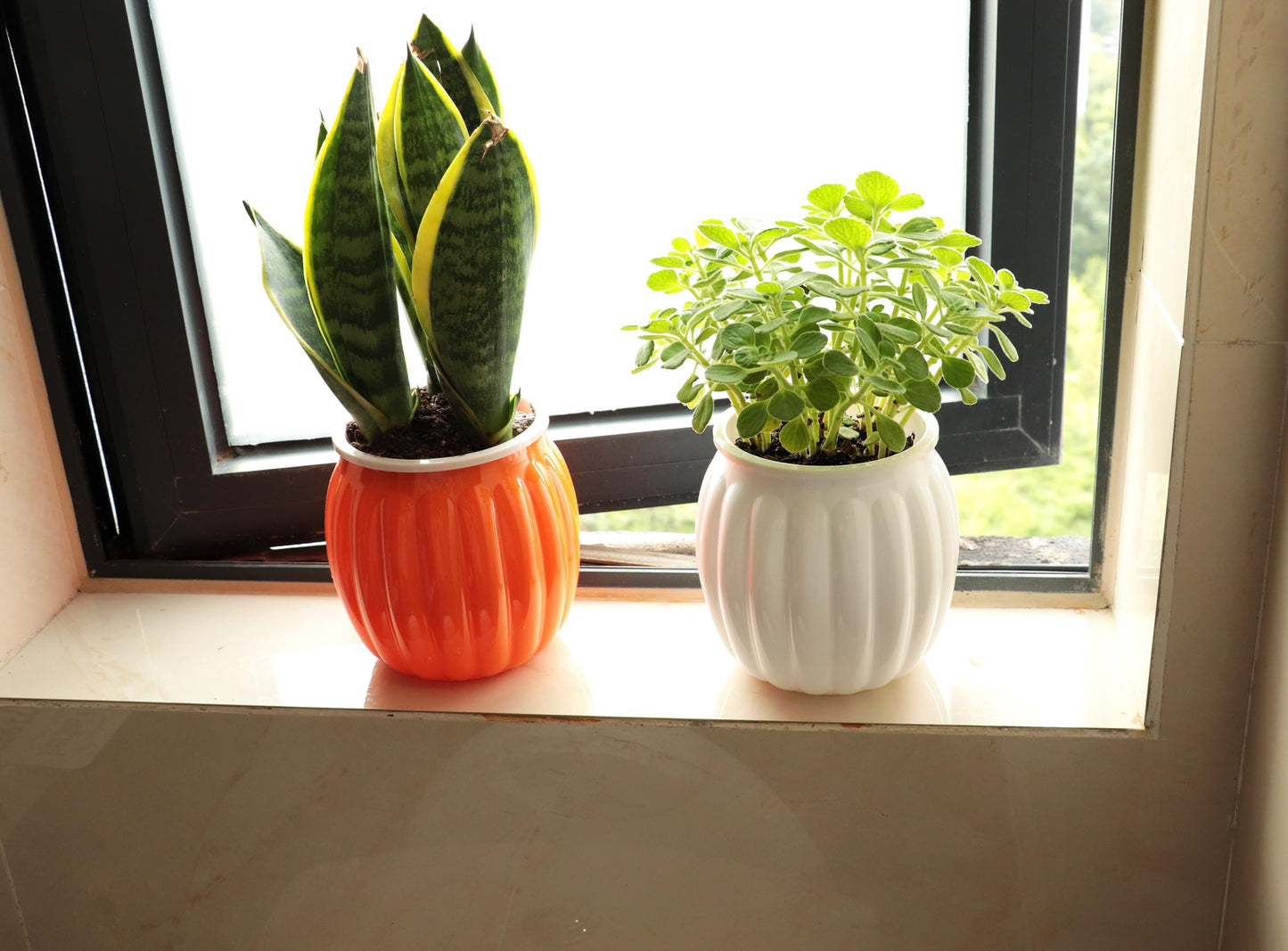 Cornasee 4" Pumpkin Planter Self Watering Pot, 4-Pack Small Plastic Planters for Indoor Plants,Flowers,Succulent,African Violets (White, 4")