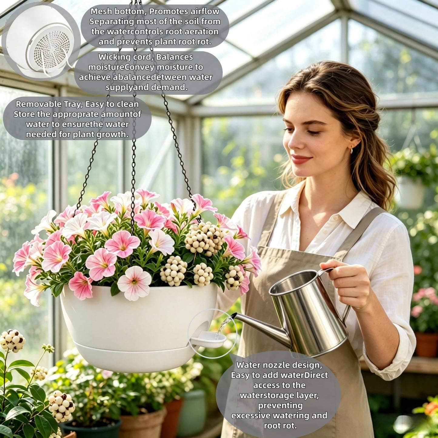 zople 2 Pack 12 Inch Self Watering Hanging Planters for Indoor Plants, Large White Plastic Hanging Pots with Chains for Outdoor Patio Garden Home Decor White