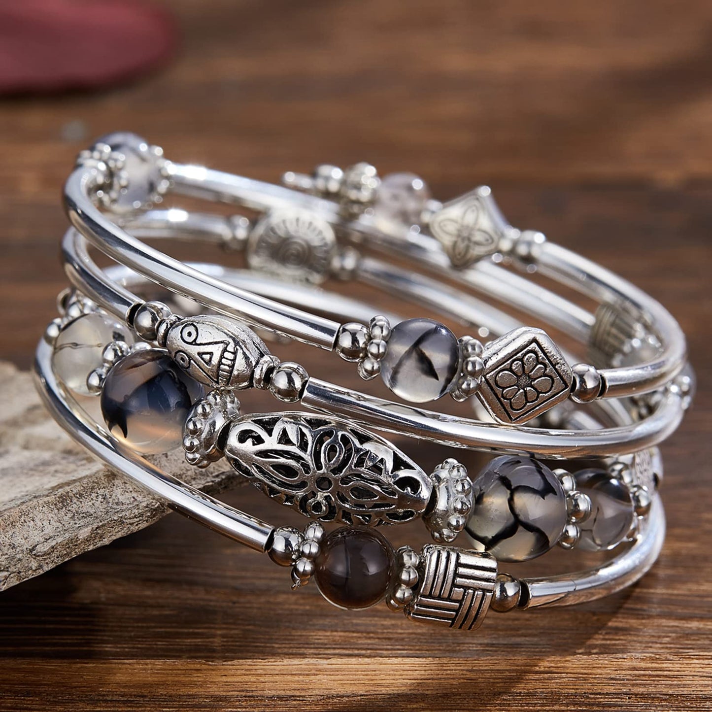 BULINLIN Layered Wrap Bangle Turquoise Bracelet - Bead Bracelet with Natural Agate Stone, Gifts For Women (03-Grey leopard)