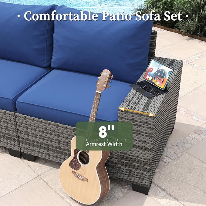 Aoxun 7 Piece Patio Furniture Set with Wide Armrests & 44” Fire Pit Table Wicker Rattan Outdoor Sectional Sofa Set with Coffee Table and Thickened Cushions, Gray/Blue(Waterproof Cover Included)