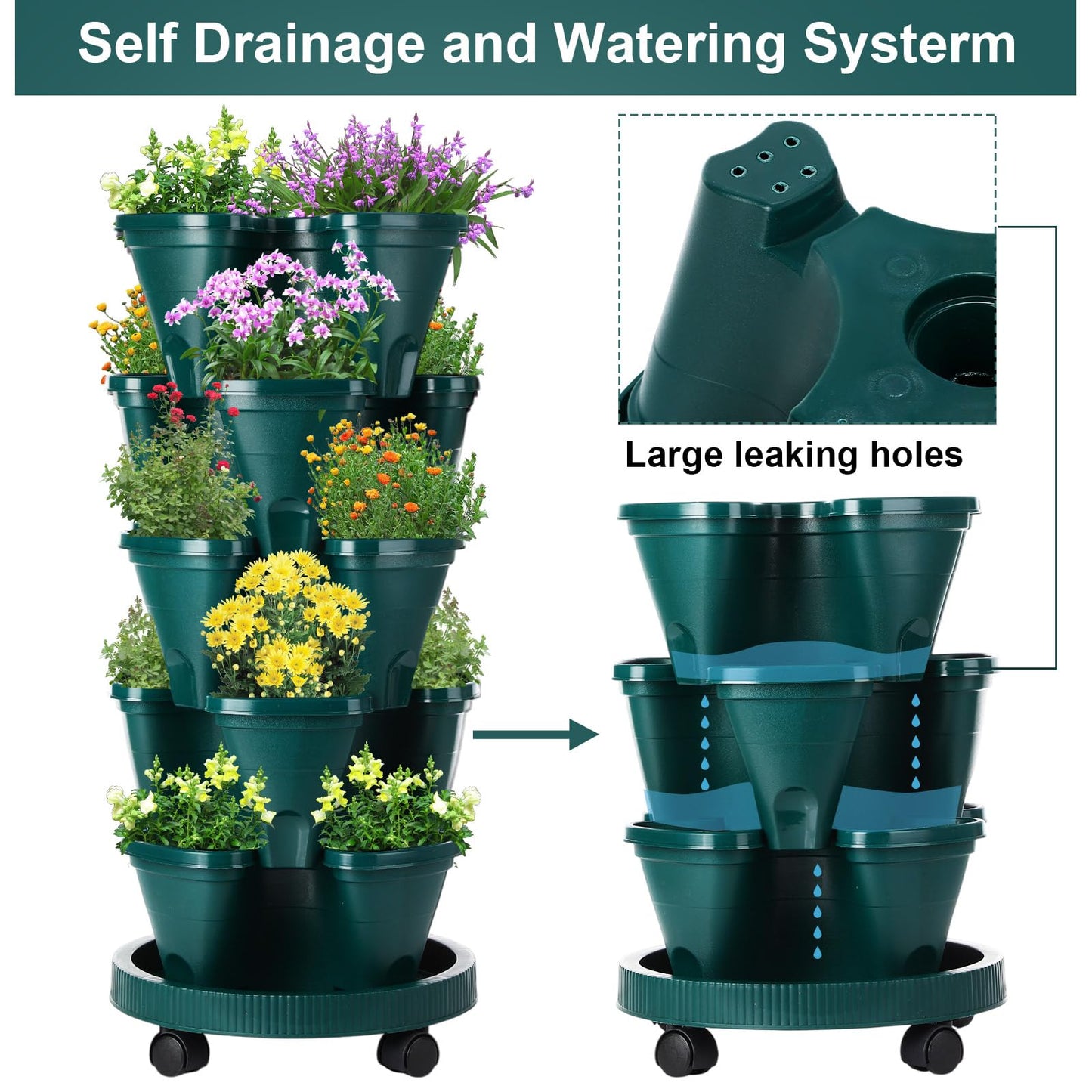 Umigy 2 Set 5 Tier Stackable Planters Vertical Garden Planters for Strawberry Herb Flower and Vegetable Indoor Outdoor Gardening Pots with Removable Wheels and Bottom(Dark Green)