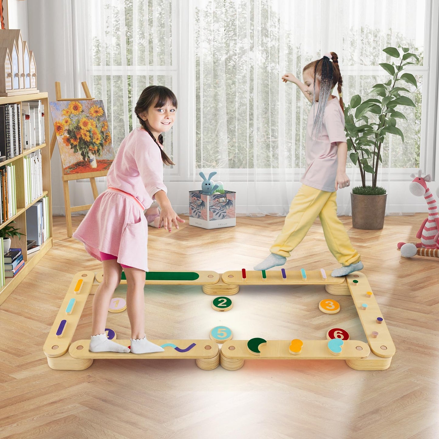 Costzon Montessori Wooden Balance Beam Step Stones, Double-Sided 12-pcs Kids Gymnastics Obstacle Course Balance Board Playset for Coordination, Motor Skills, Natural Development Toy Gift Age 3+ Years
