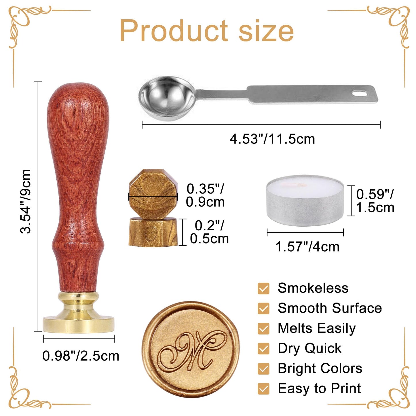 Yoption Wax Seal Kit, Vintage Handwriting Initial Alphabet Stamp with 120 Antique Gold Sealing Wax Beads for Wedding Invitation Gift Envelopes Wrap Christmas Card - Letter M