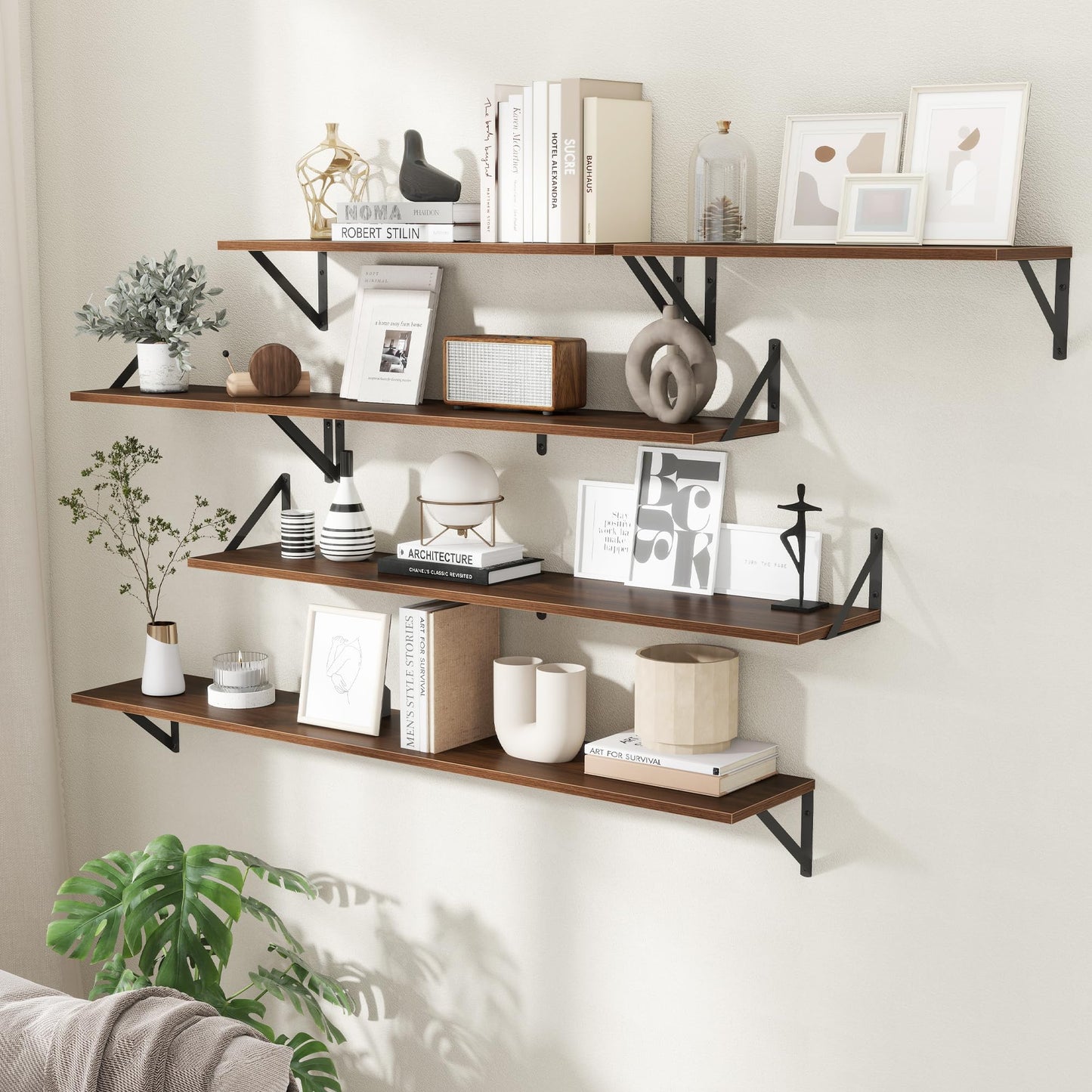 Acovy Deep Floating Shelves for Wall,36Wx8D Wall Mounted Shelves Set of 2,Wall Storage Floating Shelf with Sturdy Metal Brackets for Living Room,Bathroom,Kitchen,Office,Walnut