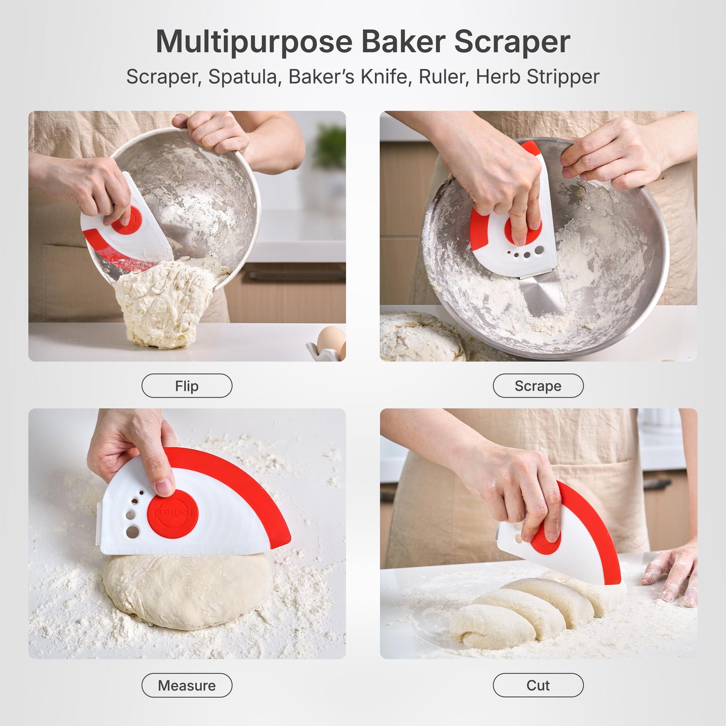 5-in-1 Dough Scraper & Flexible Bowl Scraper by Nextrend, Bread Scraper with Stainless Steel Edge, Ruler & Herb Stripper – BPA Free, Dishwasher Safe - Red