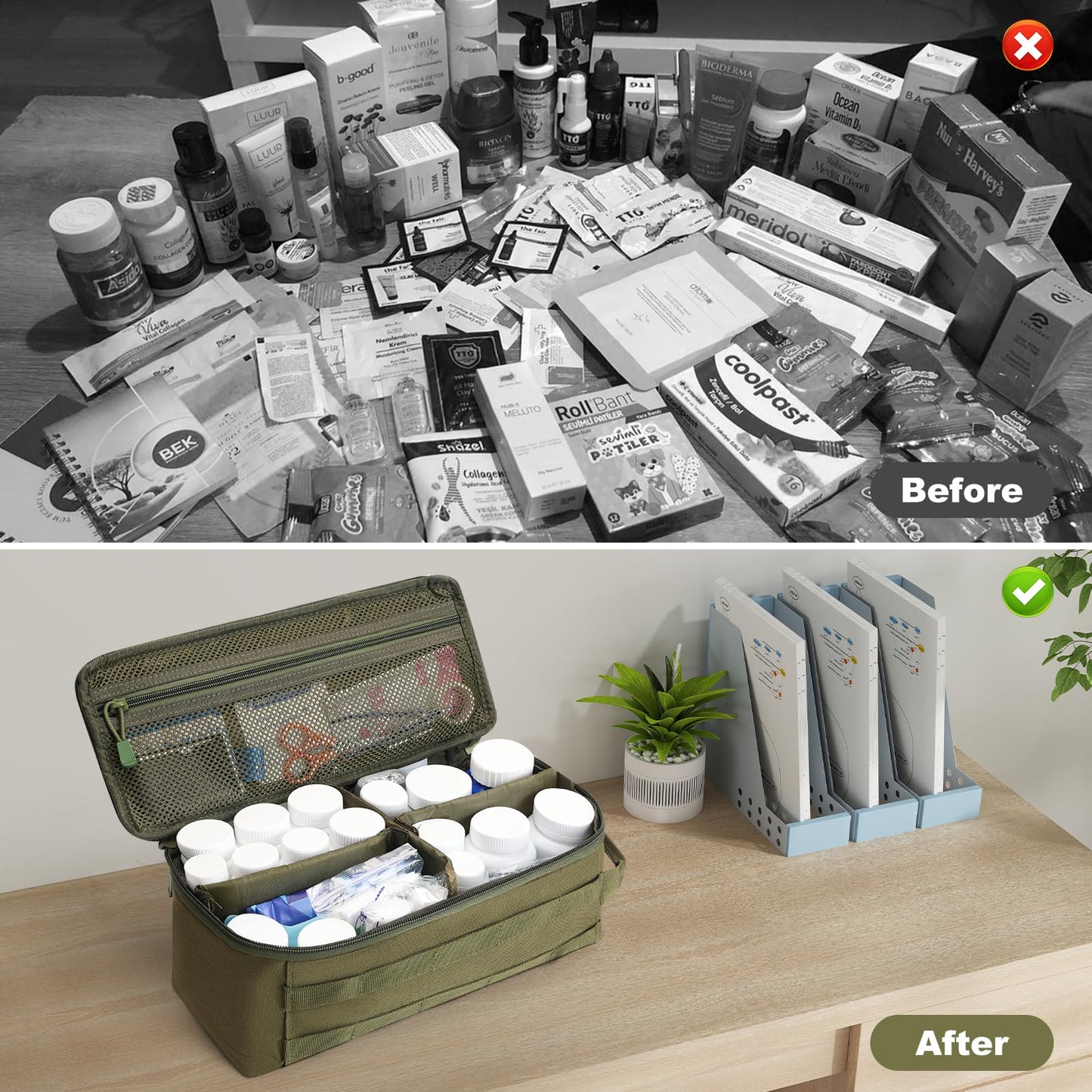 QISVVE First Aid Bag Empty Pill Box Organizer,Tactical Medical Bag Case,Portable EDC Travel Medicine Pill Bottle Organizer (Green)
