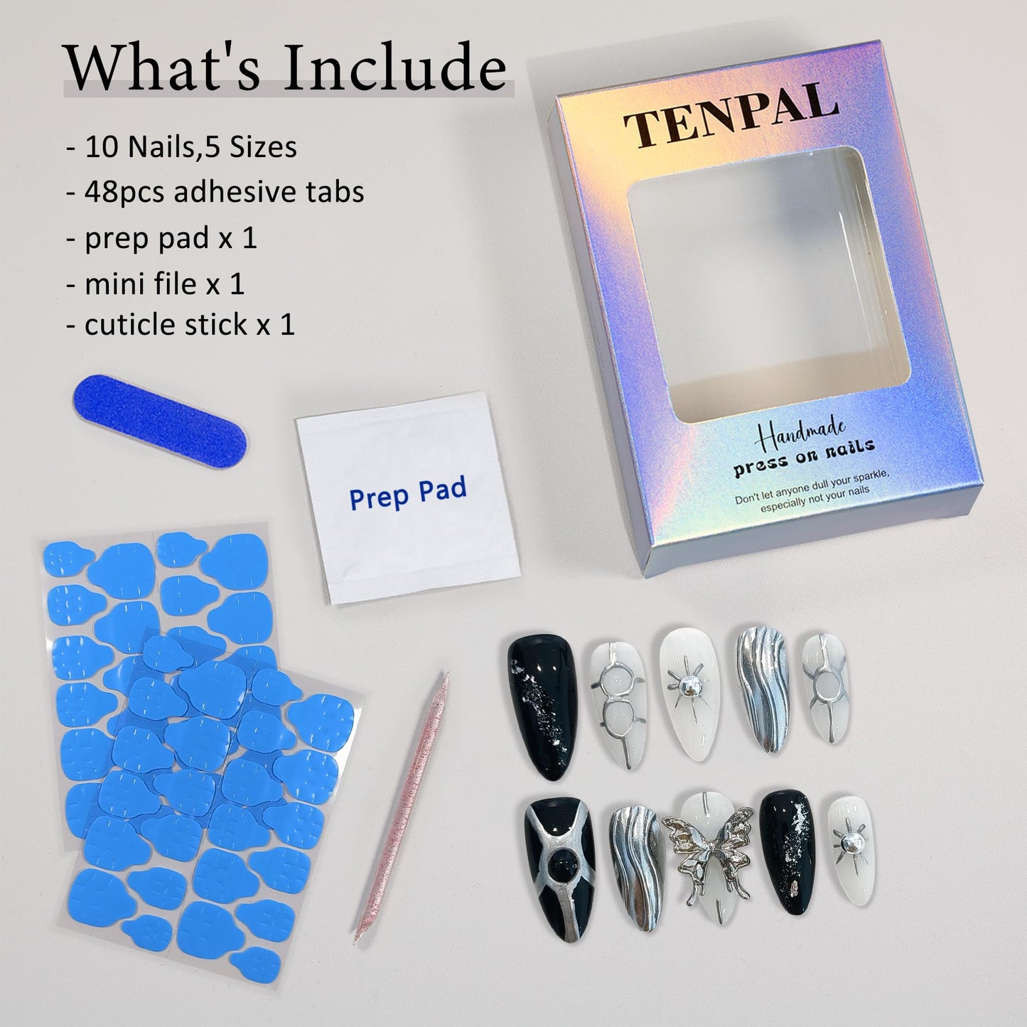 TENPAL Metallic Press on Nails Medium Almond,Punk Goth Fake Nails with 3D Butterfly,Glitter Y2K Metallic Geometric False Nails with Hand-Painted Waves,Soft Gel Black Silver Chrome Nails(M,Black)