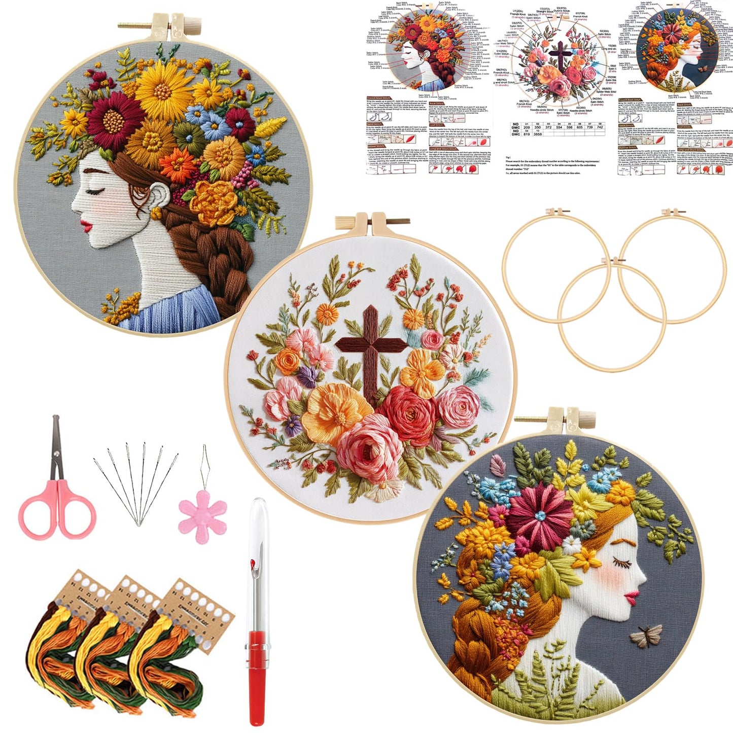 LYMIGER Floral Embroidery Kit for Adults, Flower Pre-Stamped Pattern Embroidery Kit for Beginners with Hoop Colorful Thread Needle Instruction, 7.9'' Hoop (Brown+Gold+Red)