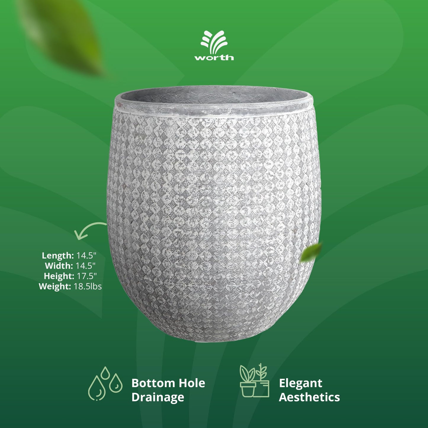 Worth 14.5" Round Planter, Lightweight Magnesium Oxide Cement Plant Pot, Raised Pattern Concrete Look with Drainage Hole for Indoor/Outdoor Use, Grey