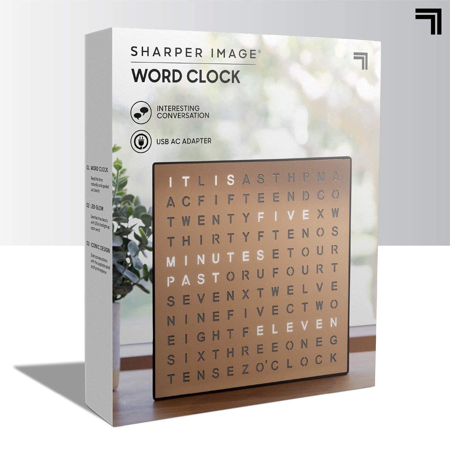 Sharper Image LED Word Digital Clock, 7.75", Copper Finish, Light-Up Desk & Wall Clock, Modern Time Display, Shelf or Wall Decor for Home Office, Living Room, Kitchen & Bedroom, Housewarming Gift